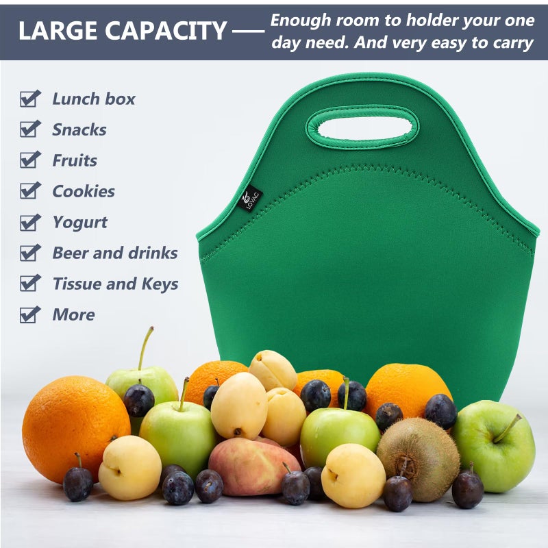 LOVAC Neoprene Lunch Bag, Thick Insulated Lunch Bag - Durable & Waterproof Lunch Tote With Zipper For Outdoor Travel Work (Green) - Image 4